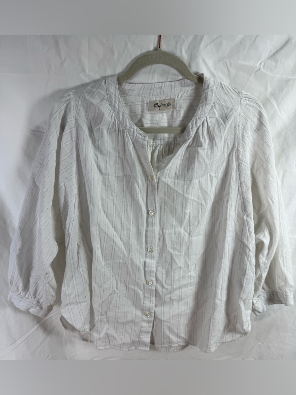 Madewell White Metallic Stripe Peasant Blouse Puff Sleeve Top Small‎